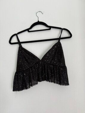 Garage Black Sequin Ruffle Crop Cami Top Size Large